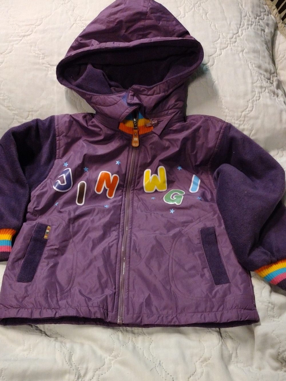 New Purple Hooded Children's Jacket with Colorful Alphabet Lettering